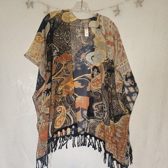 Chicos Small Medium Floral Sheer Coverup Shawl Fringe Festival Colorful Flowy - Picture 2 of 10